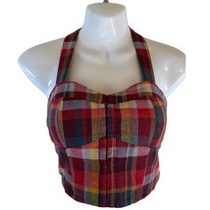 Cottagecore American Eagle Red Plaid Bustier Cropped Halter Top Size Small